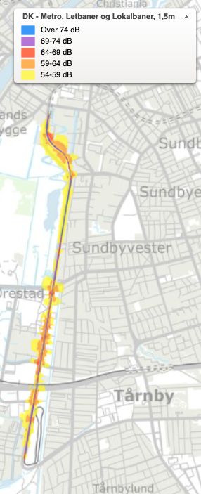 Ørestad metro line, daytime/evening noise (Lden), from the Danish noise mapping (Miljøstyrelsen, kortlægning af støj). Bands: over 74, 69–74, 64–69, 59–64, 54–59 dB.
