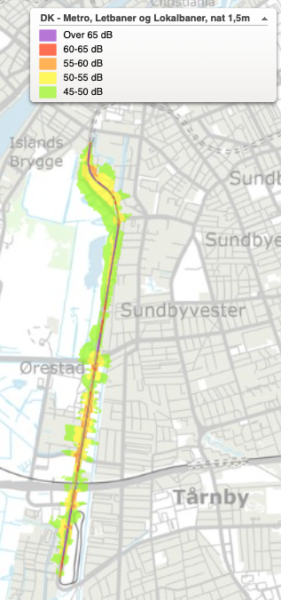 The same stretch of the Ørestad metro line, night-time noise (Lnight), from the same source. Bands: over 65, 60–65, 55–60, 50–55, 45–50 dB — a different band structure entirely, not the daytime map re-coloured.